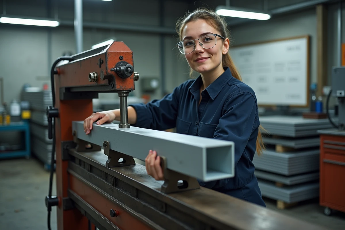 Ingénieure corrigeant la déformation d'un tube carré aluminium avec une presse hydraulique en atelier de fabrication