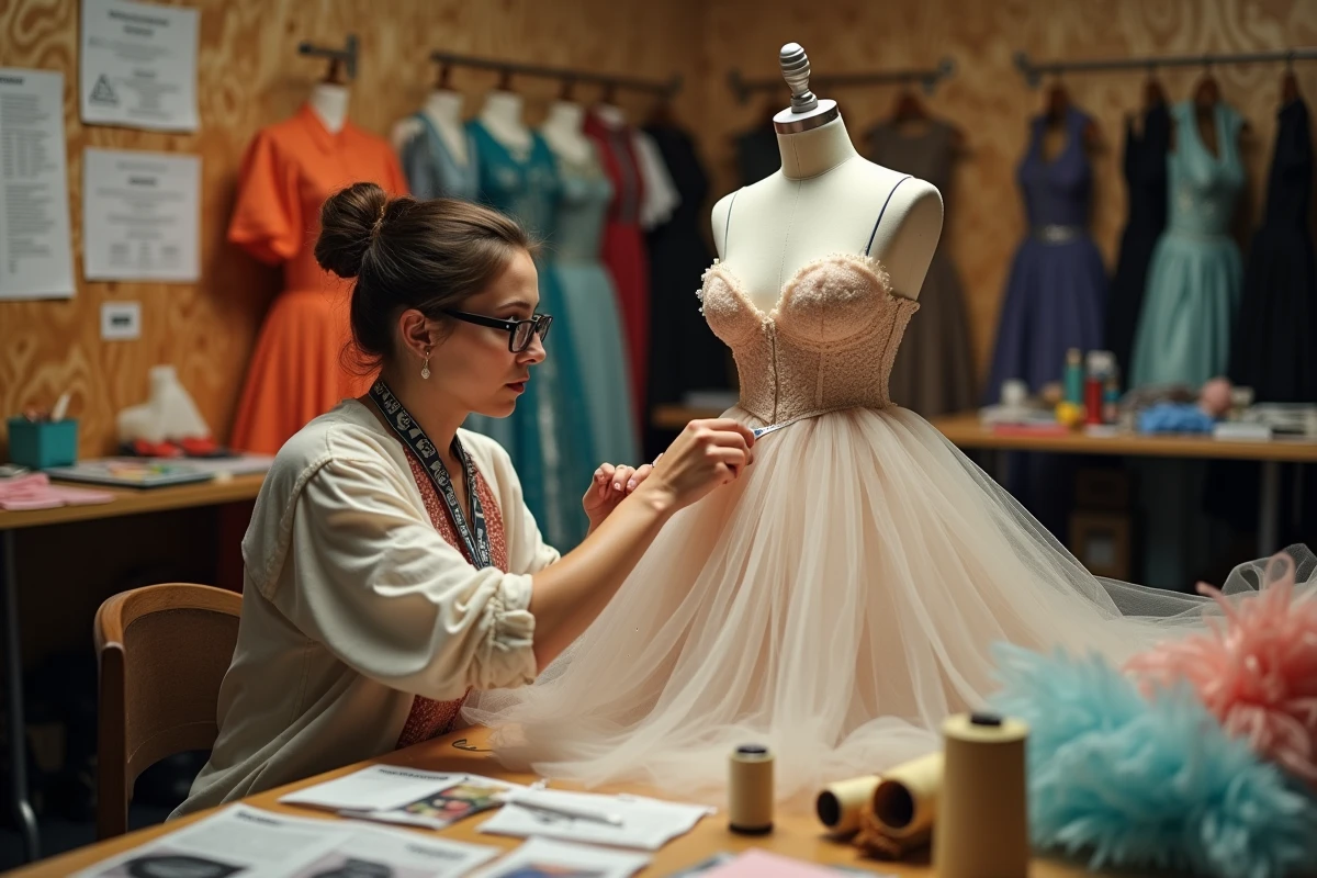 Costumière ajustant un costume de danse dans les coulisses du festival Pharenheit pendant la préparation du spectacle