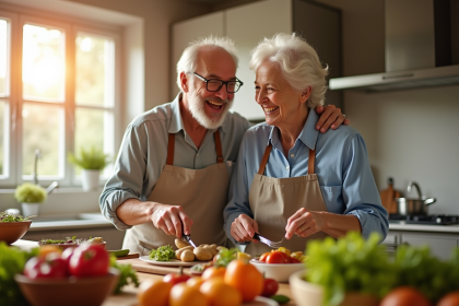 Couple souriant en cuisine lumineuse pour l article
