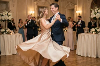 Couple élégant dansant le madison lors d'un mariage chic dans un grand salon orné