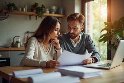 Couple à la maison examinant des papiers avec un ordinateur