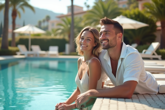 Couple souriant au bord de la piscine à Nice