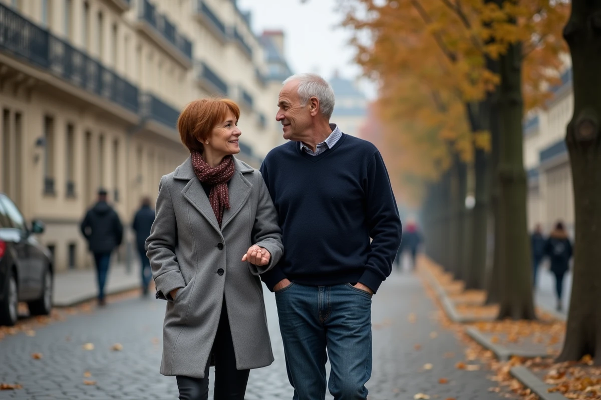 Couple se promenant sur une rue pavée parisienne en automne, illustrant une relation complice et une intimité préservée loin des projecteurs