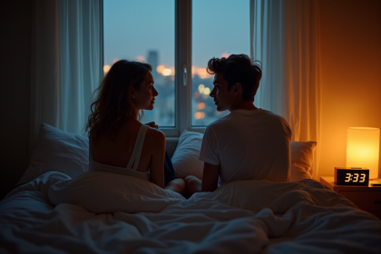 Jeune couple discutant sur un lit cosy à 3h33 du matin