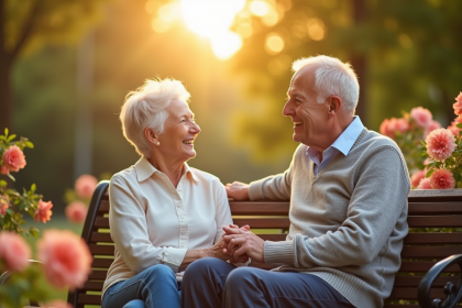 Couple âgé souriant sur un banc dans un parc en fleurs