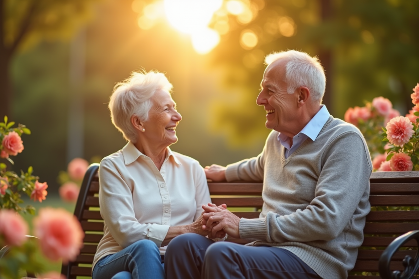 Couple âgé souriant sur un banc dans un parc en fleurs