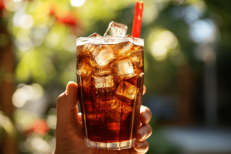 Coca-Cola versé dans un verre avec des glaçons et une paille