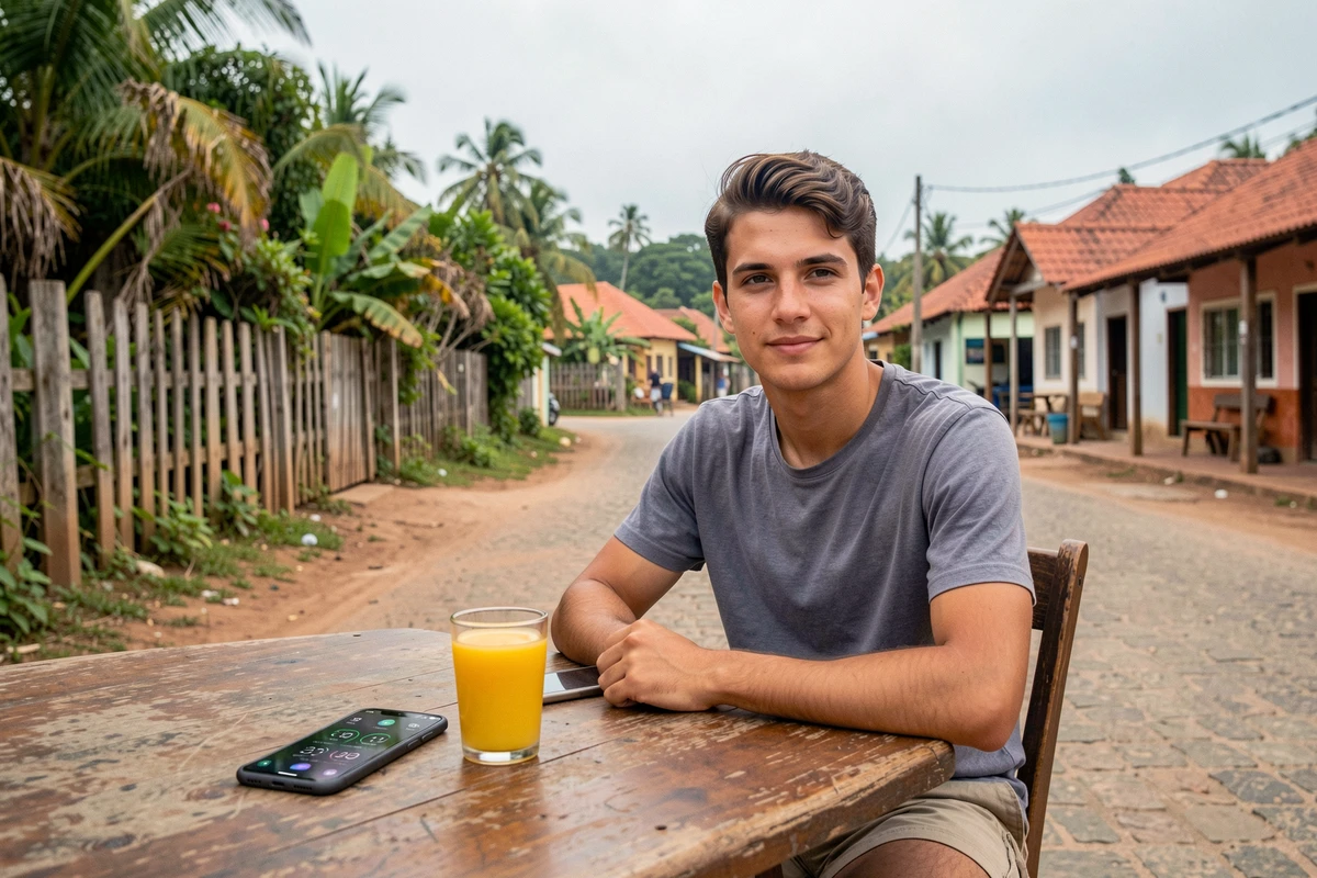 Homme consultant les fuseaux horaires sur smartphone dans un café en Guyane française, comparant l'heure locale et l'heure de Paris en hiver