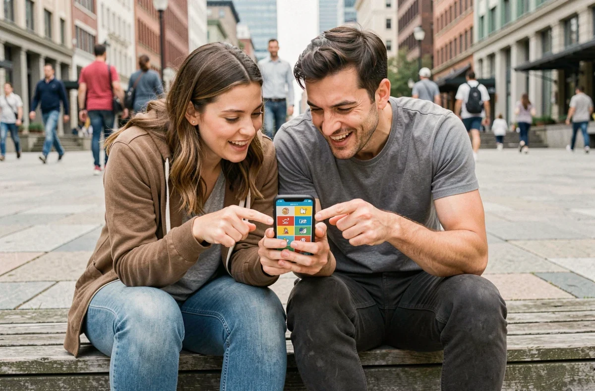 Deux amis consultant ensemble la solution d'un jeu 4 Images 1 Mot sur smartphone en plein air dans un espace urbain