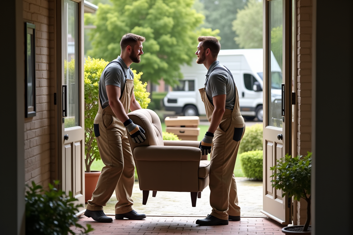 Deux hommes portant un fauteuil hors d