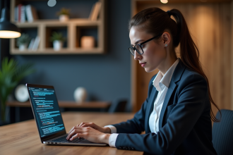 Jeune femme en smart casual examine du code blockchain
