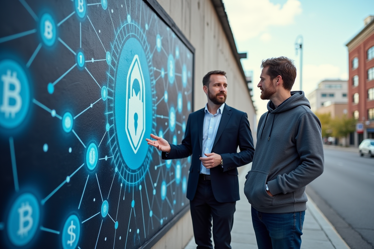 Deux hommes discutent devant un mural de blockchain en ville