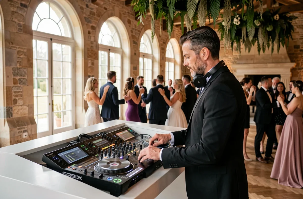 DJ professionnel derrière sa console lors d'un mariage chic avec des invités dansant le madison en arrière-plan