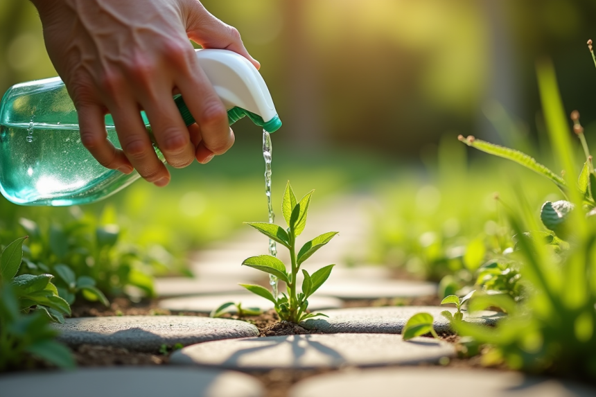 Main versant de l'eau de weed naturel sur mauvaises herbes entre pavés