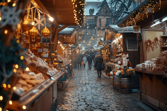 Marché de Noël animé à Thann avec artisans et décorations festives
