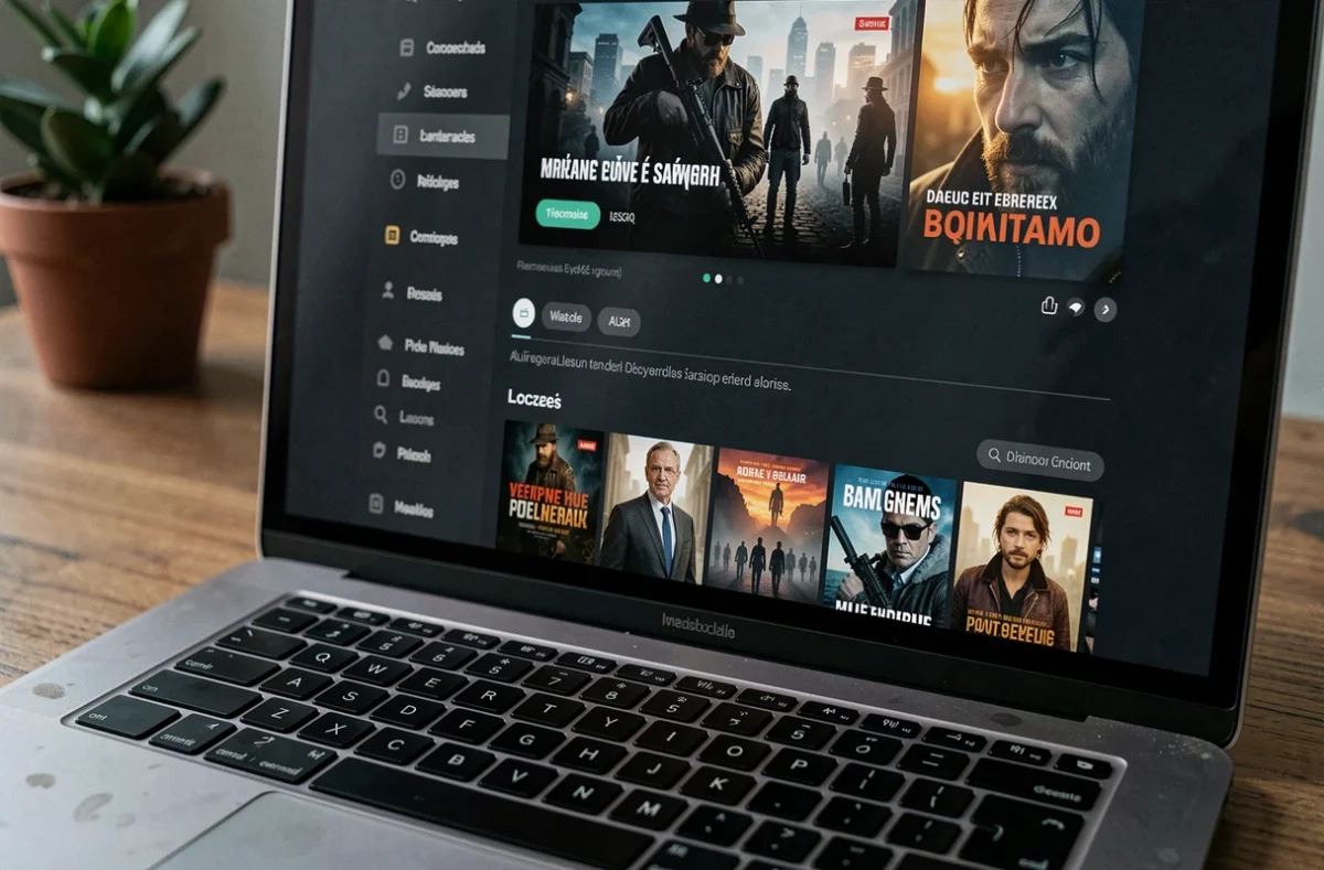 Écran d'ordinateur portable affichant une interface de site de streaming de films avec menu de navigation en français