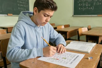 Élève de lycée consultant un tableau de conversion litre cm3 sur papier lors d'un exercice de calcul de volume