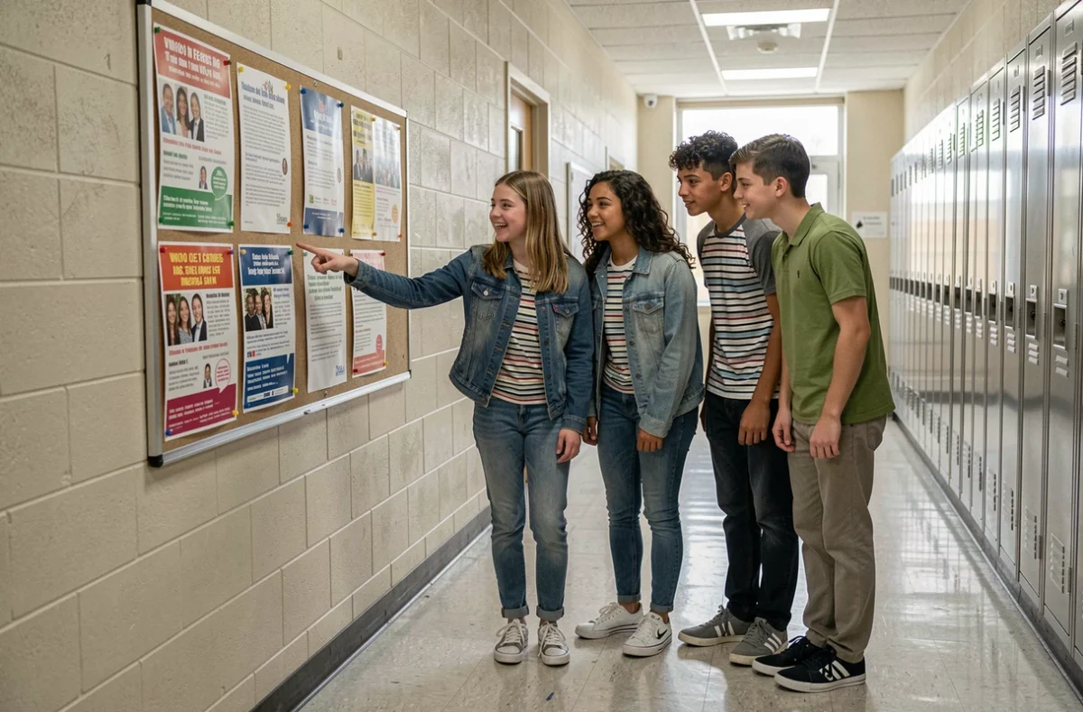 Groupe de collégiens lisant des affiches de candidature au poste de délégué de classe affichées dans un couloir d'école