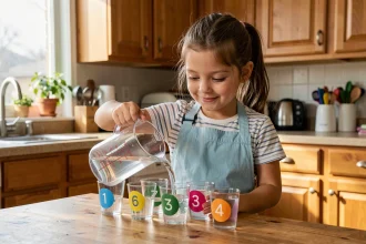 Fillette versant de l'eau d'une carafe graduée dans des petits verres étiquetés pour apprendre les unités de mesure litre et centilitre