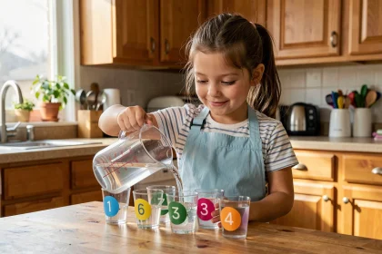 Fillette versant de l'eau d'une carafe graduée dans des petits verres étiquetés pour apprendre les unités de mesure litre et centilitre