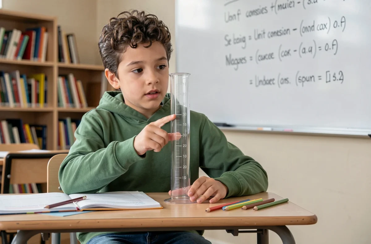Garçon en classe montrant les graduations d'une éprouvette pour comprendre les unités de mesure litre et centilitre