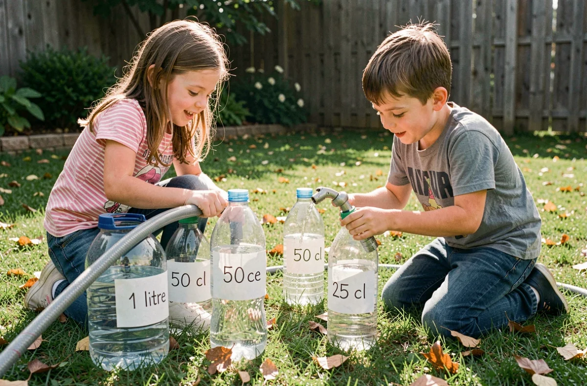 Deux enfants dans un jardin remplissant des bouteilles étiquetées pour expérimenter les notions de litre et centilitre de manière ludique