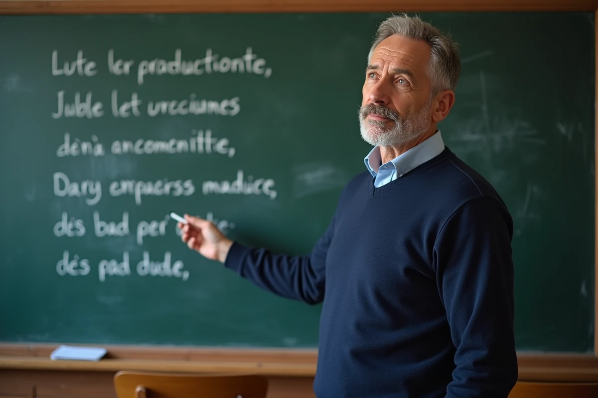 Enseignant en grammaire française désignant des conjugaisons verbales au tableau noir, pédagogie autour du passé composé et de l'imparfait pour éviter les fautes courantes