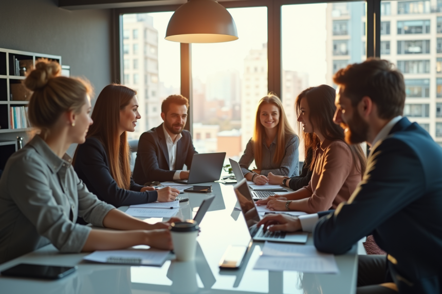 Groupe de jeunes entrepreneurs en brainstorming dans un bureau lumineux