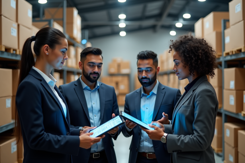 Equipe logistique dans un entrepôt moderne utilisant des tablettes blockchain