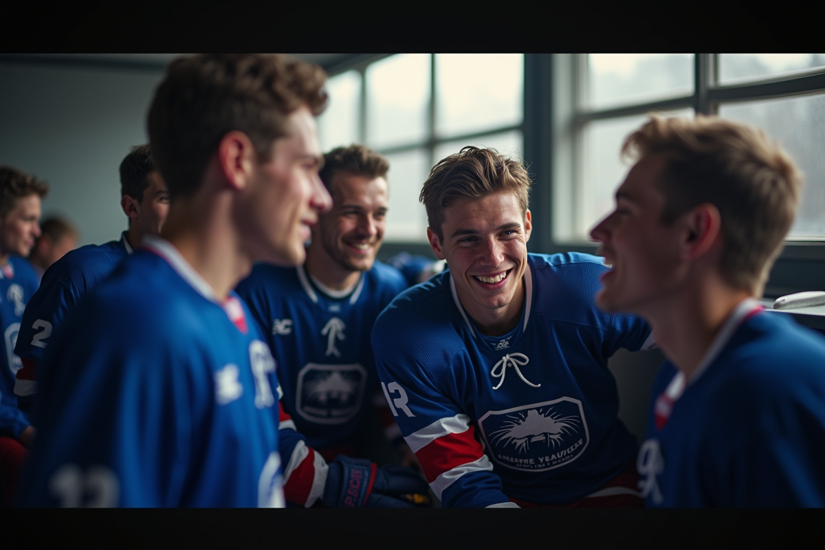 Jeunes joueurs de hockey français dans le vestiaire avant un match