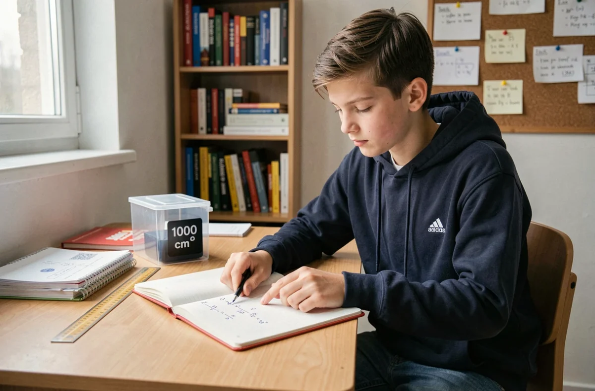 Adolescent étudiant la conversion entre centimètres cubes et litres sur ses cahiers de mathématiques