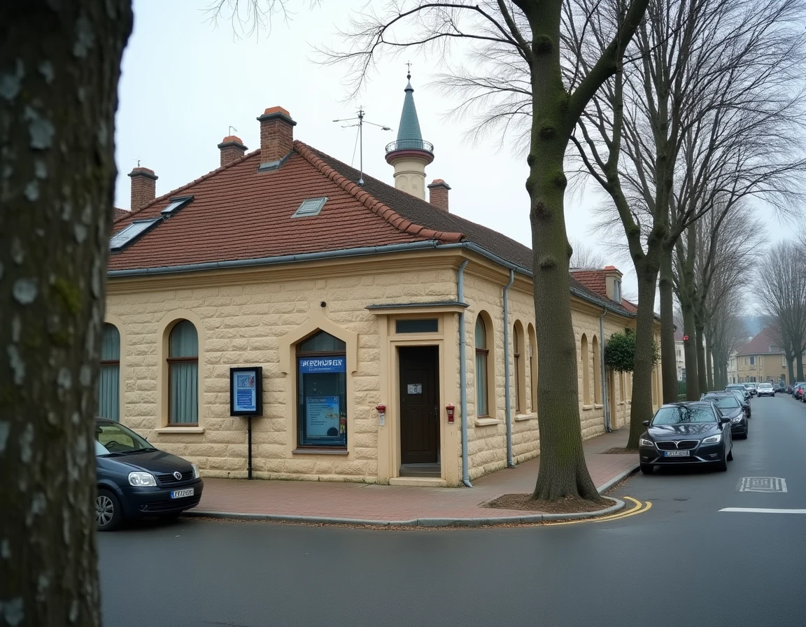 Façade extérieure d'une mosquée de banlieue parisienne avec tableau d'affichage des horaires de prière