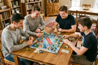 Famille jouant à une version de Monopoly ville autour d'une table en bois dans un salon chaleureux