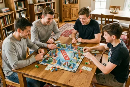 Famille jouant à une version de Monopoly ville autour d'une table en bois dans un salon chaleureux