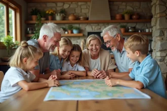 Famille multigenerations autour d'une table dans un cottage chaleureux