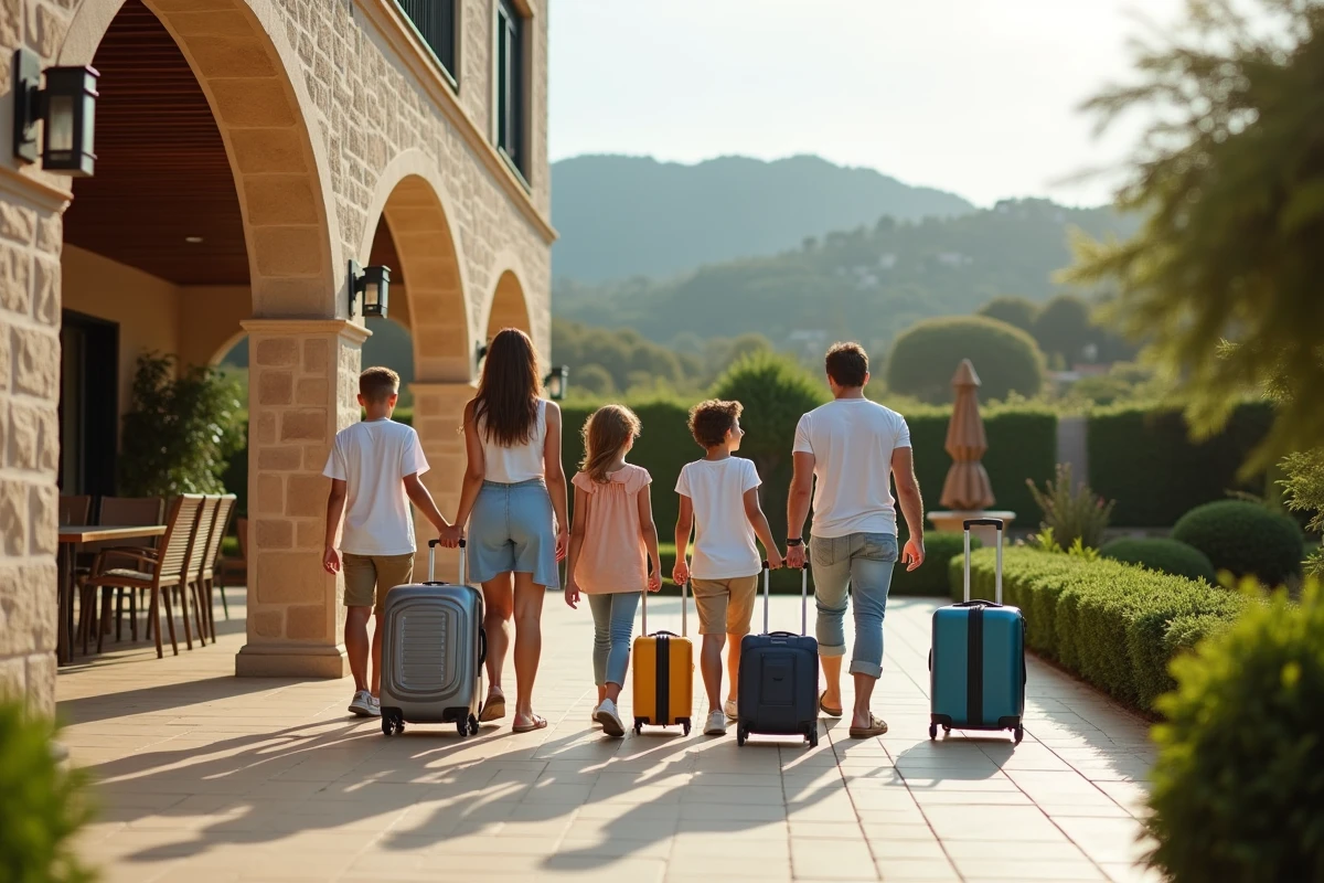 Famille devant une villa de vacances avec sacs de voyage