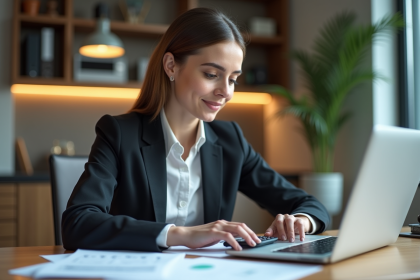 Jeune femme d'affaires examinant des documents financiers
