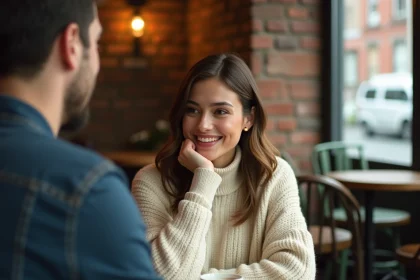 Femme souriante et attentive en rendez-vous amoureux dans un café cosy, signe d'investissement émotionnel