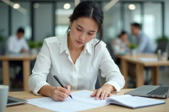 Femme en bureau analysant une feuille de temps avec des minutes en centièmes pour le suivi du temps de travail
