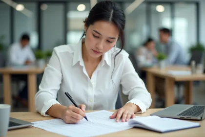 Femme en bureau analysant une feuille de temps avec des minutes en centièmes pour le suivi du temps de travail