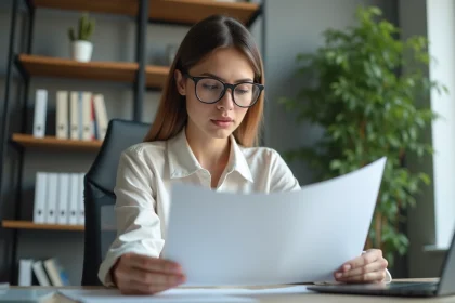 Femme en blouse professionnelle lit un document au bureau