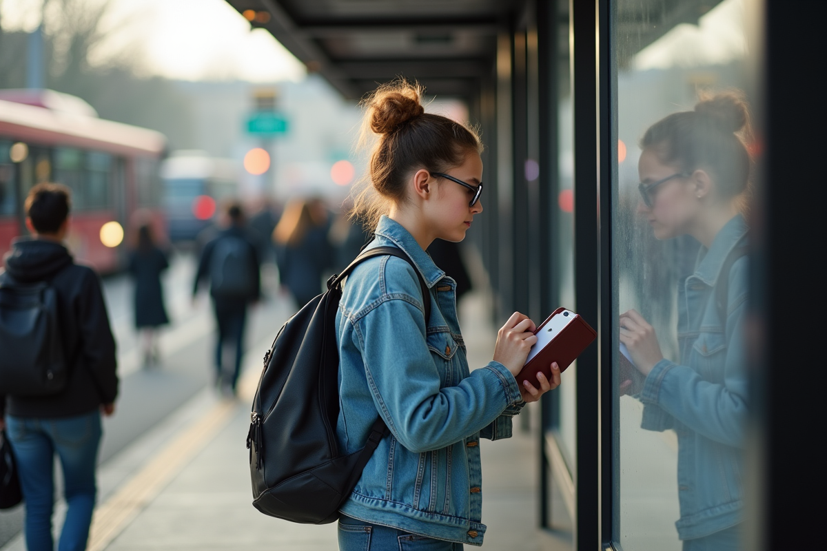 Jeune femme cherchant dans son sac à la gare routière