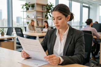 Femme cadre en entreprise consultant un contrat de travail à son bureau dans un open space moderne