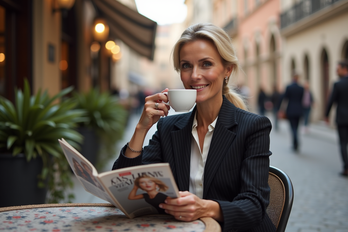 Femme élégante sirotant un café dans un café milanais