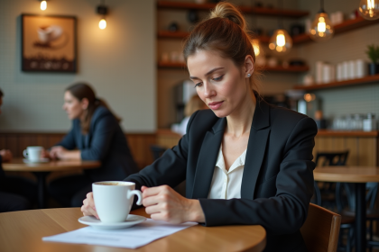 Femme lisant un document sur la regulation du cafe