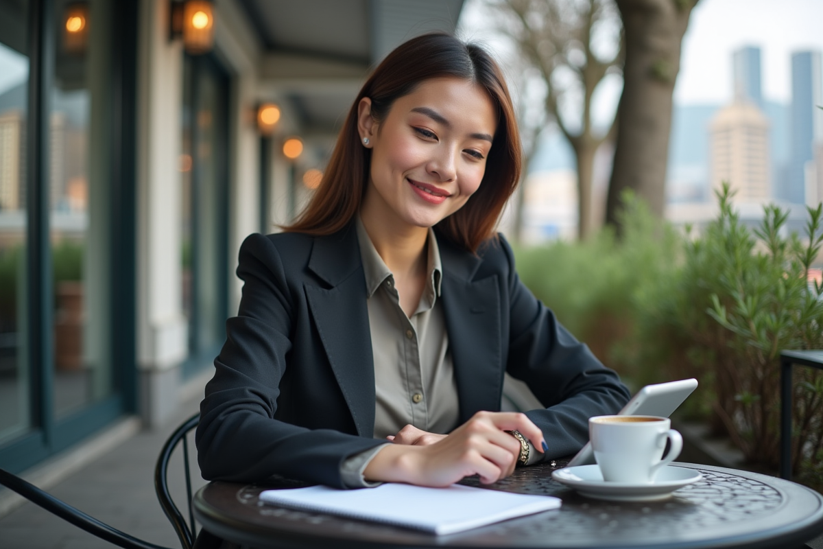 Jeune femme professionnelle au café regardant une tablette