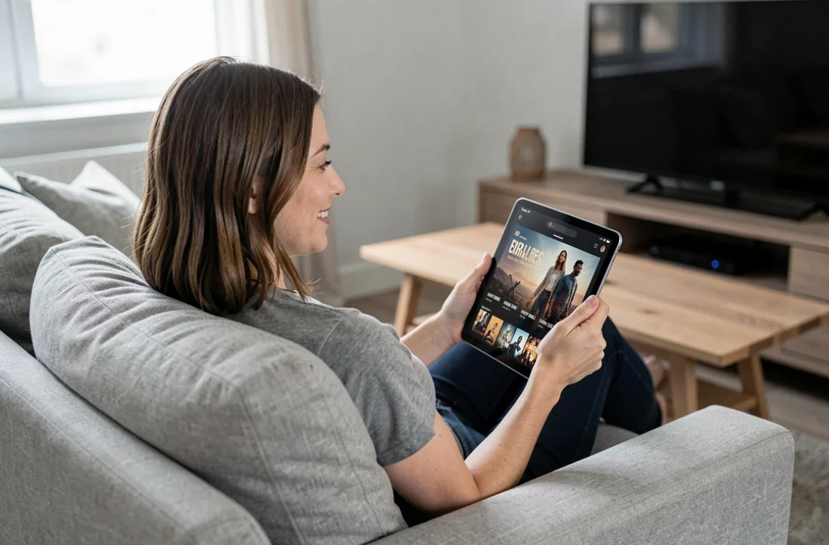 Femme consultant un catalogue de films en streaming sur une tablette dans son salon moderne