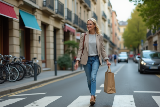 Femme française croisant la rue avec sac réutilisable