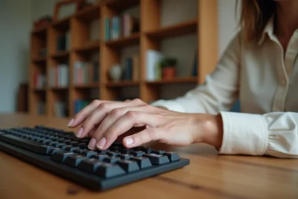 Femme tapant sur un clavier AZERTY pour saisir la lettre È majuscule avec accent grave