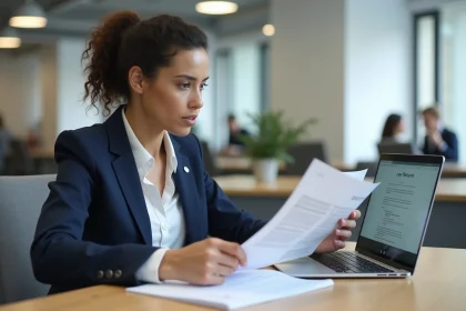 Femme consultant des ressources juridiques en ligne pour prouver une discrimination professionnelle